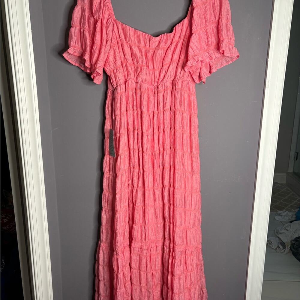 Lush Pink Short Puff Sleeve Maxi Dress Sweetheart Neckline Size Medium - Picture 6 of 7